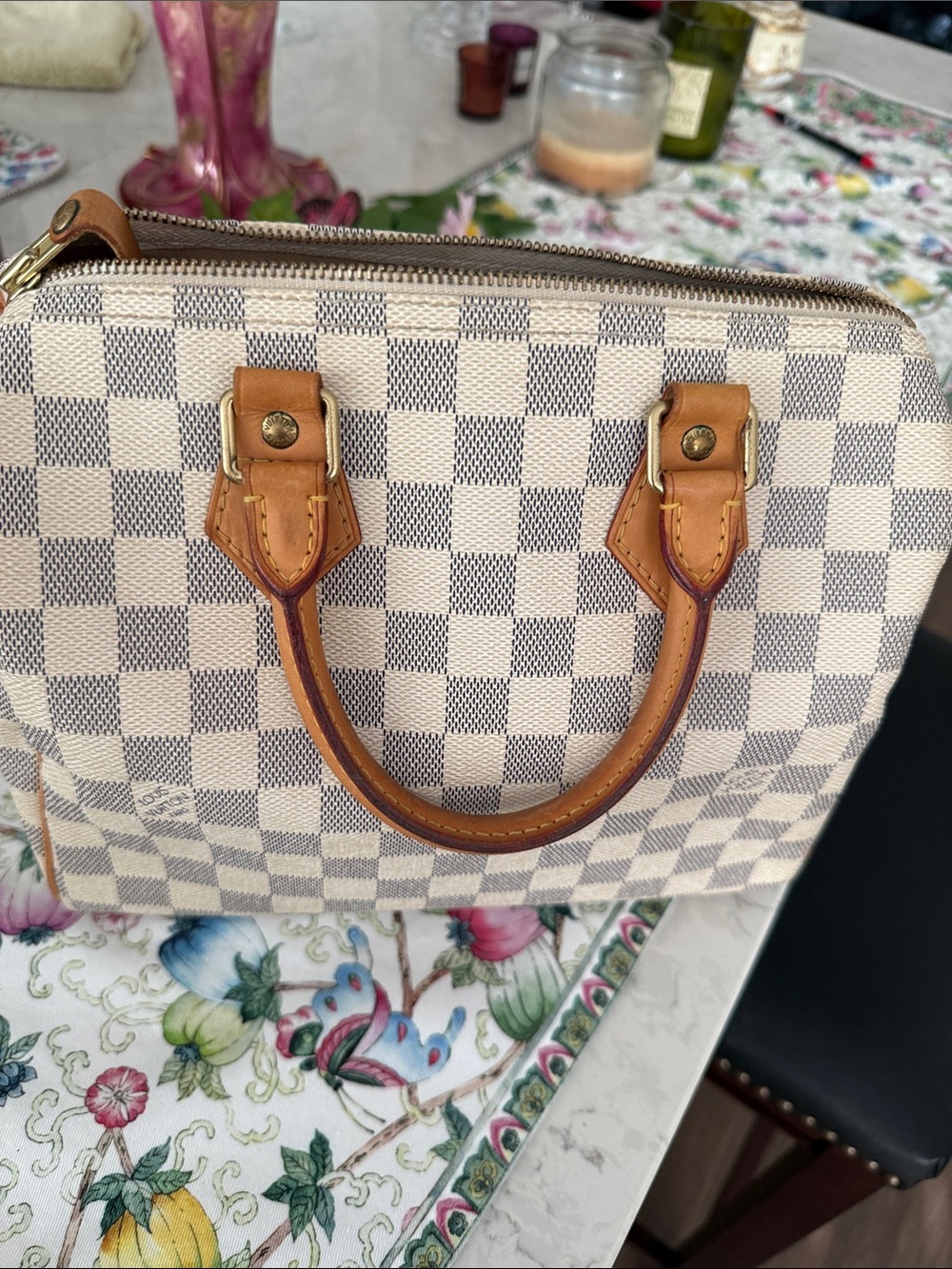 Louis Vuitton Cream Checkered Satchel with Tan Leather Handles